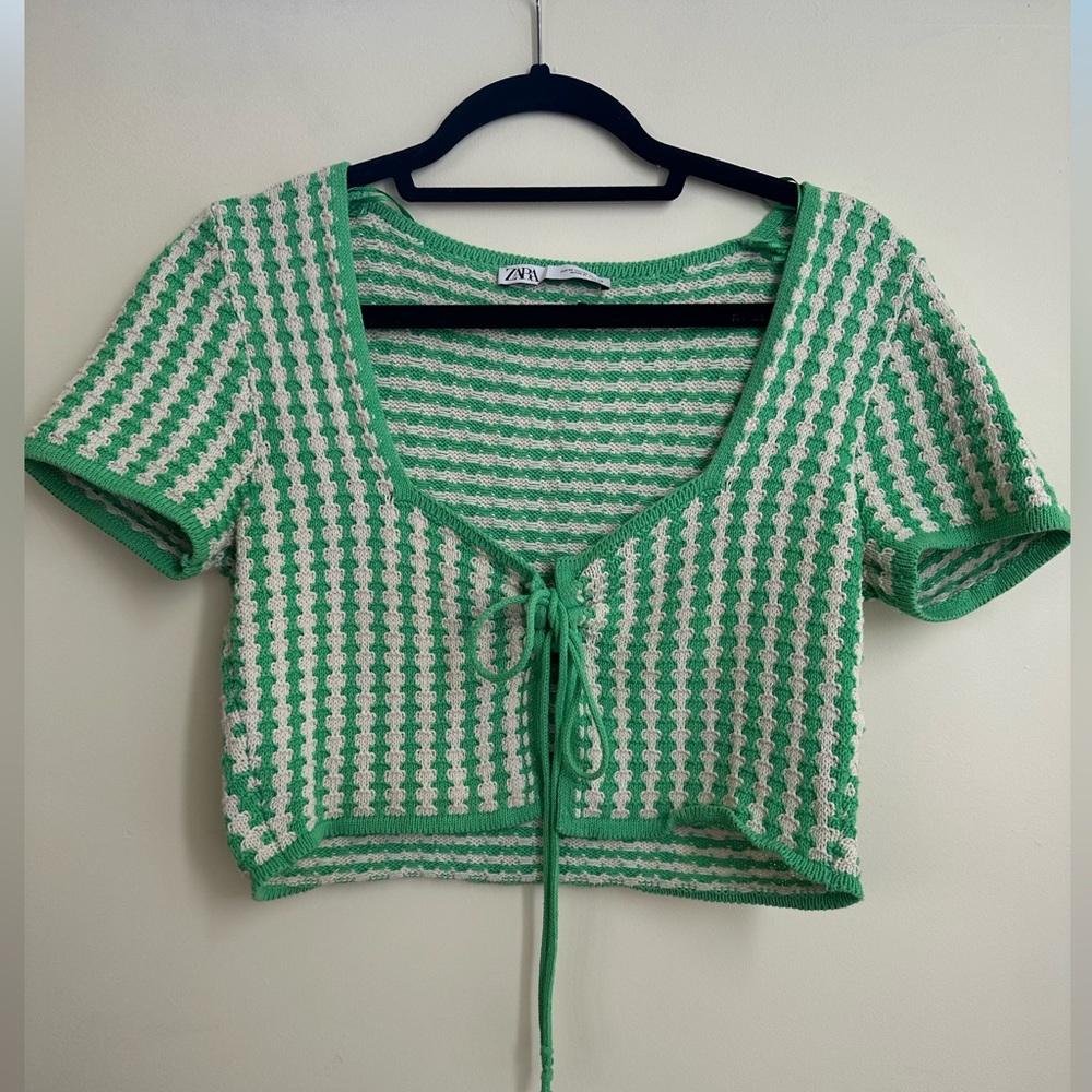 Zara Crop Top Medium Green Striped Crochet Tie size M